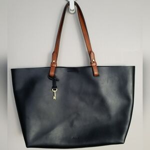 Fossil Rachel Sleek Black Leather Tote Shopper Work Bag with Brown Straps